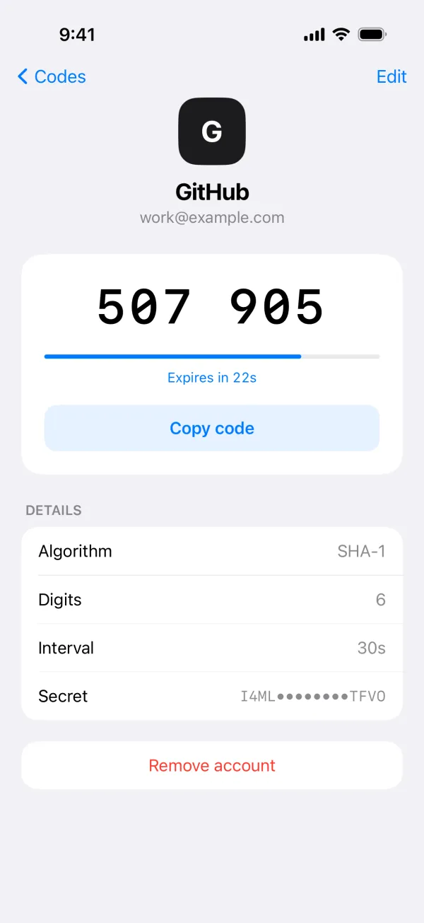 An account opened in Novaz, with Details showing Algorithm SHA-1, Digits 6, Interval 30s and a masked secret
