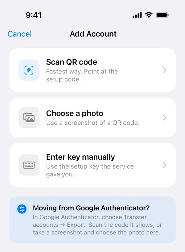 The Novaz Add Account screen with Scan QR code, Choose a photo and Enter key manually