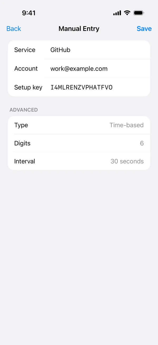 The Novaz Manual Entry screen with Service, Account and Setup key filled in, and the Advanced section showing Time-based, 6 digits, 30 seconds
