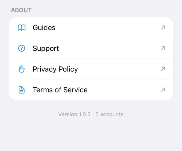 The bottom of Novaz Settings, showing the line "Version 1.0.3 · 5 accounts"