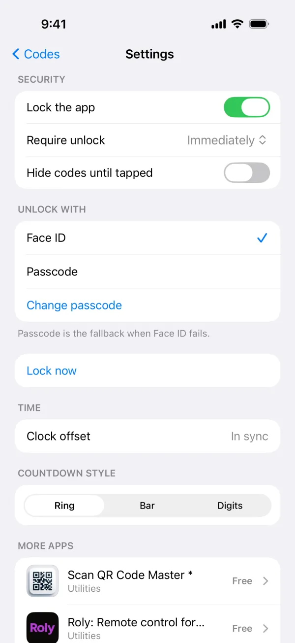Novaz Settings, with the Time section showing Clock offset: In sync